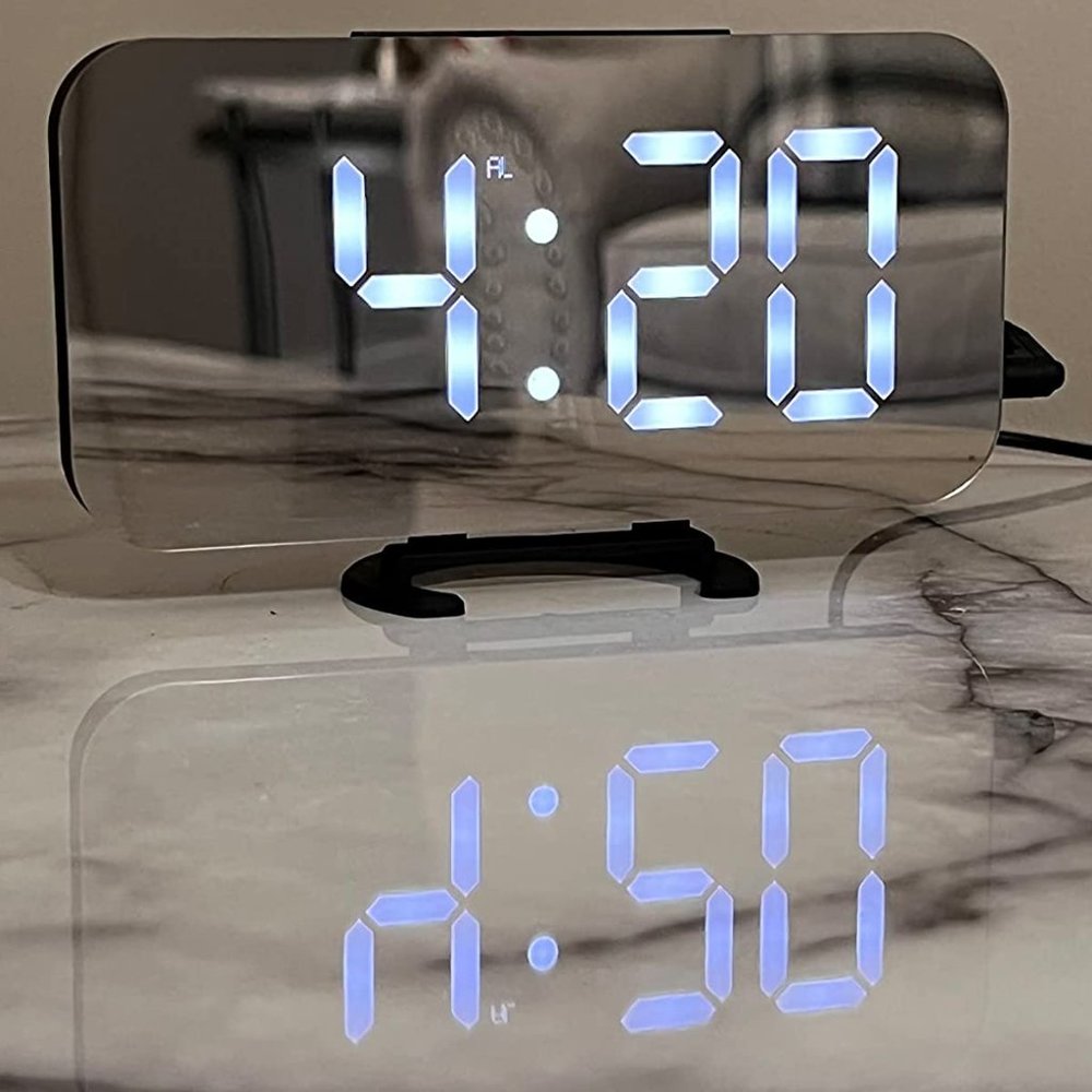 Black and Silver Chrome Modern Digital Alarm Clock with White Number Display